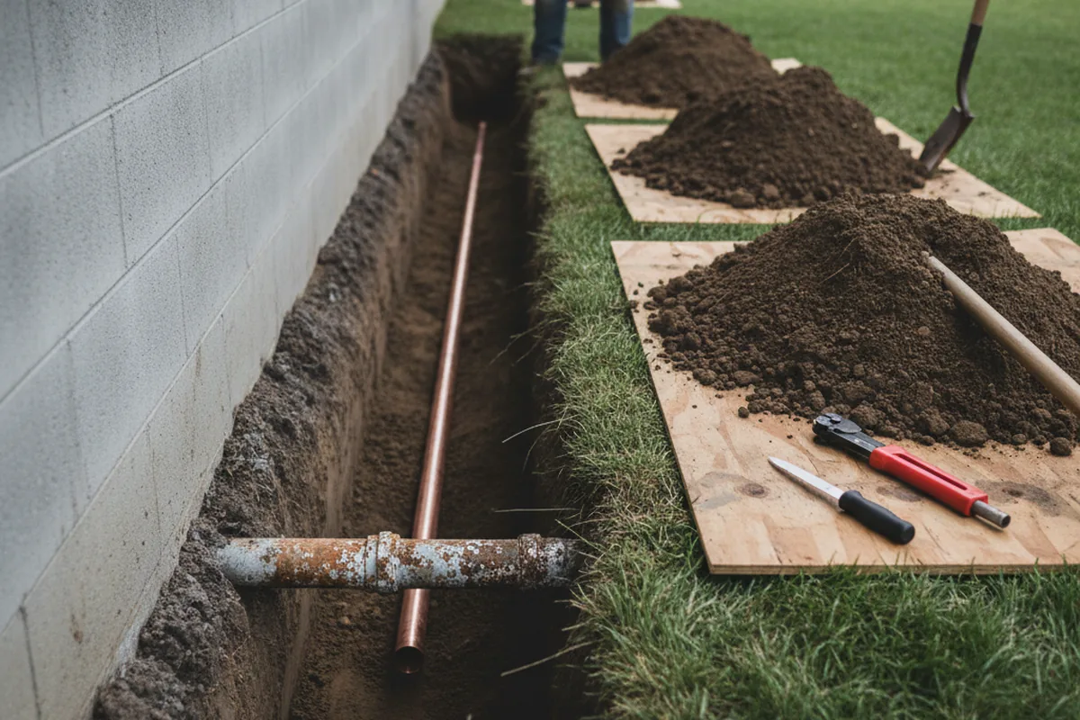 Excavated water line trench during Water Heater Repair in Sebec